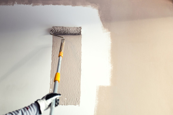 Close up details of painting walls, industrial worker using roller and other tools for painting walls